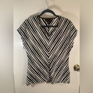 Dana Buchanan EUC beige/black v-neck striped short sleeve textured blouse Size L
